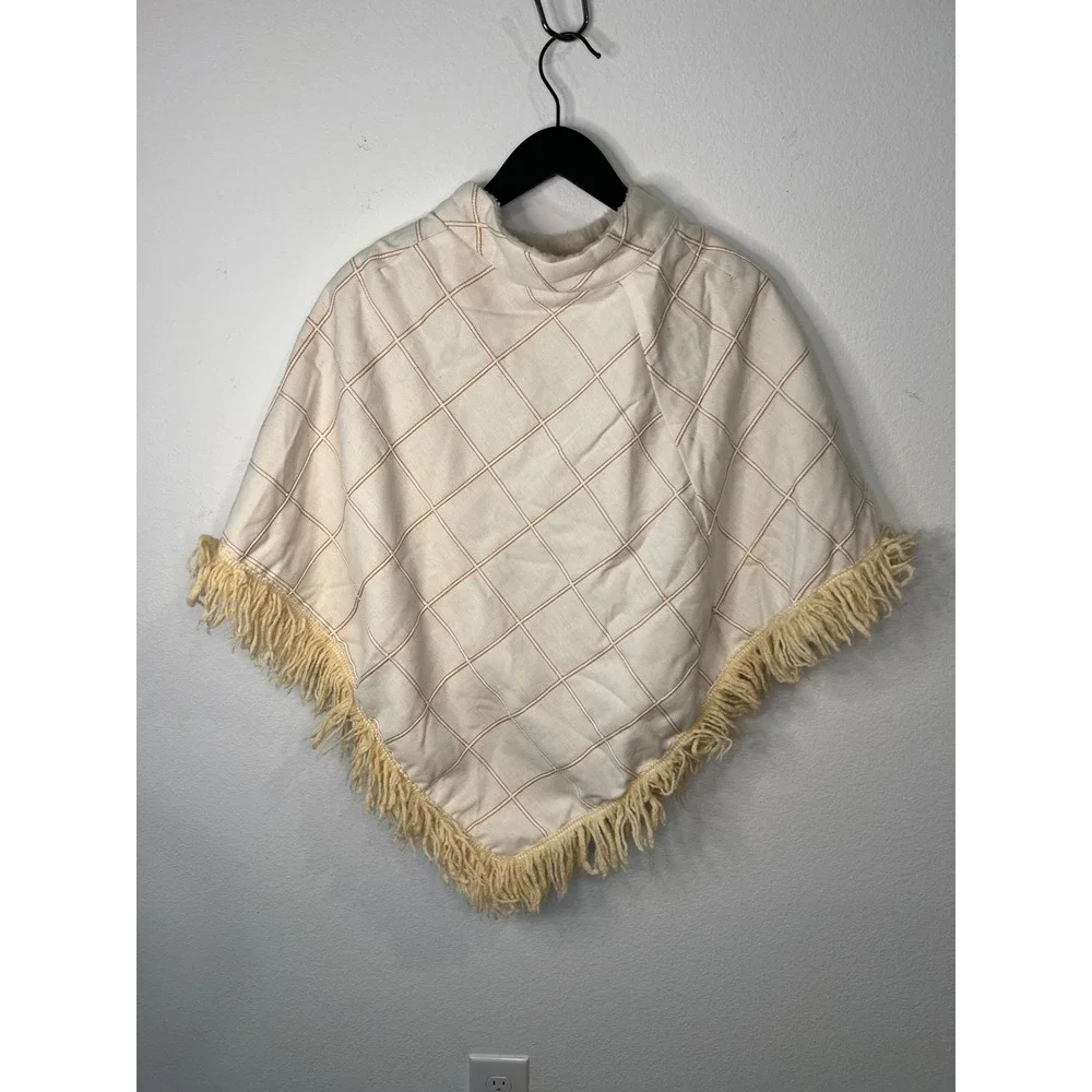 Three Squares Womens Poncho Grid Pattern Fringe Faux Fur Lined Cream OS